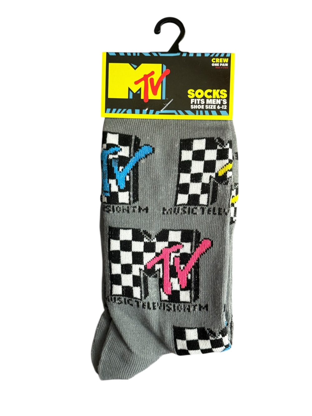 MTV Men’s Checkered Logo Crew Socks Size 6-12 Gray Neon Retro NWT